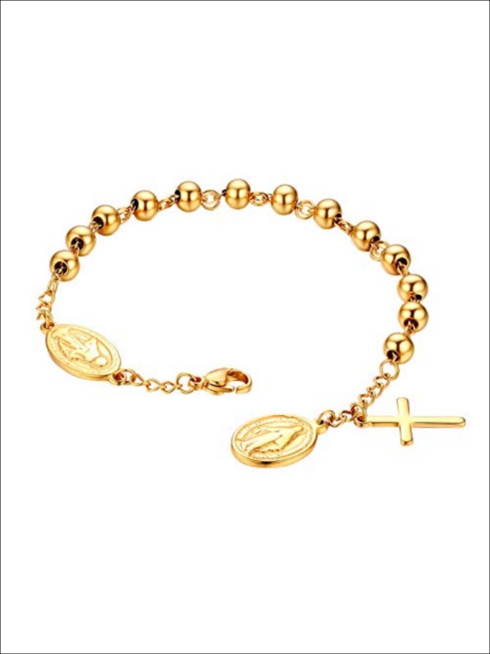 Rosary Beads Bracelet Gold Stainless Steel Catholic Crucifix Cross Wristband